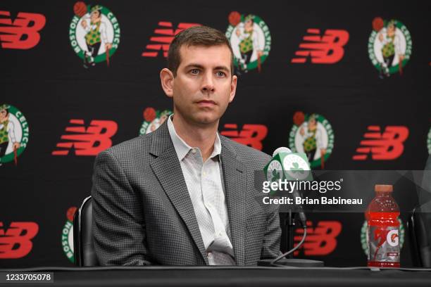 President, Brad Stevens of the Boston Celtics introduces Ime Udoka as new head coach of the Boston Celtics during a press conference on June 28, 2021...