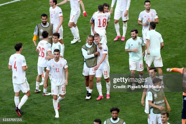 The Spanish national team celebrates the victory during the UEFA Euro 2020 Championship Round of 16 match between Croatia and Spain at Parken Stadium...