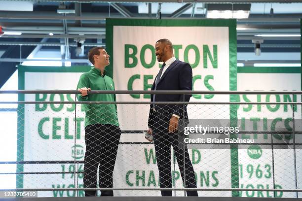President, Brad Stevens of the Boston Celtics introduces Ime Udoka as new head coach of the Boston Celtics after a press conference on June 28, 2021...