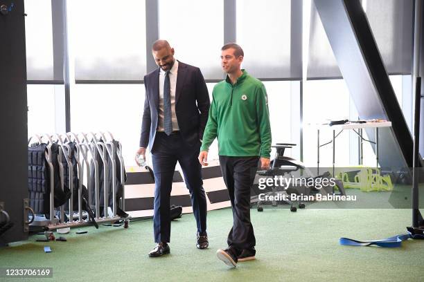 President, Brad Stevens of the Boston Celtics introduces Ime Udoka as new head coach of the Boston Celtics before a press conference on June 28, 2021...