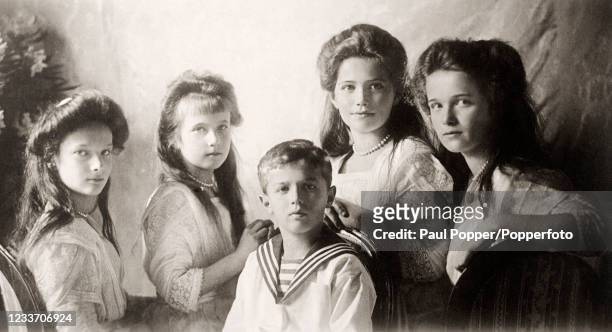 Vintage postcard featuring the five children of the Tsar and Tsarina of Russia, Nicholas and Alexandra , left to right, Grand Duchesses Olga,...