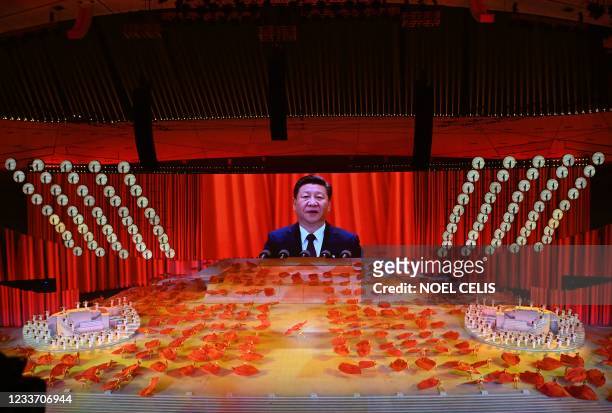 Picture of Chinese President Xi Jinping is seen on a large screen during a Cultural Performance as part of the celebration of the 100th Anniversary...