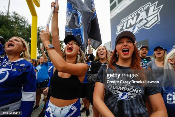 Fans of the Tampa Bay Lightning cheer prior to Game One of the Stanley Cup Final of the 2021 Stanley Cup Playoffs against the Montreal Canadiens in...