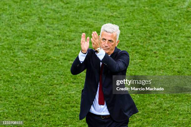 Switzerland head coach Vladimir Petkovic celebrates after defeating France during the UEFA Euro 2020 Championship Round of 16 match between France...