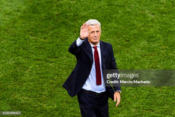 Switzerland head coach Vladimir Petkovic celebrates after defeating France during the UEFA Euro 2020 Championship Round of 16 match between France...