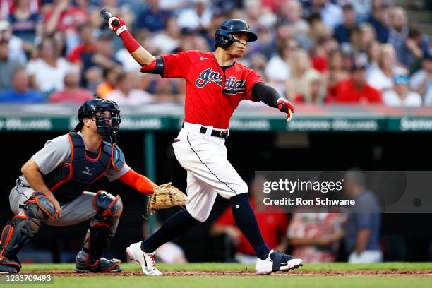 Cesar Hernandez of the Cleveland Indians hits a one run double off Matt Manning of the Detroit Tigers during the fourth inning at Progressive Field...