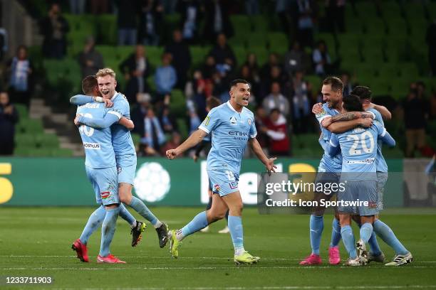 Melbourne City erupts with emotion after winning the A-League Grand-Final soccer match between Melbourne City FC and Sydney FC on June 27, 2021 at...