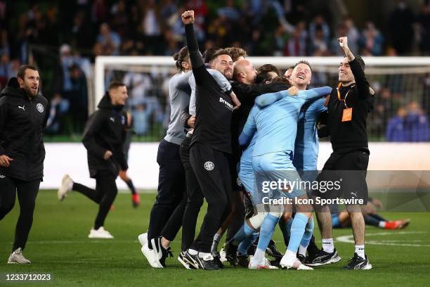 Melbourne City erupts with emotion after winning the A-League Grand-Final soccer match between Melbourne City FC and Sydney FC on June 27, 2021 at...