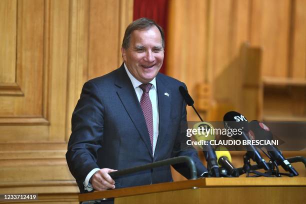 Sweden's Prime Minister Stefan Löfven holds a press conferende after the parliment round in the Swedish parliament in Stockholm, June 29, 2021. -...