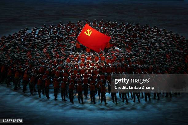 Actors perform to celebrate the 100th anniversary of the founding of the Communist Party of China at Birds Nest on June 28, 2021 in Beijing, China.