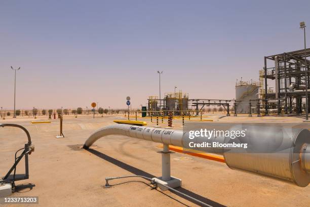 Pipe which carries CO2 at the Hawiyah Natural Gas Liquids Recovery Plant, operated by Saudi Aramco, in Hawiyah, Saudi Arabia, on Monday, June 28,...