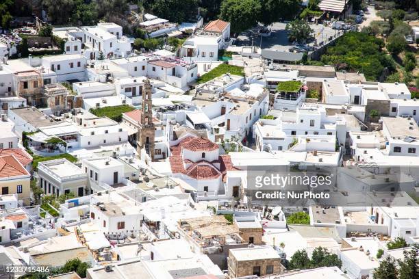 View on the Panagia Church in Lindos on the island of Rhodes, Greece on June 27, 2021.