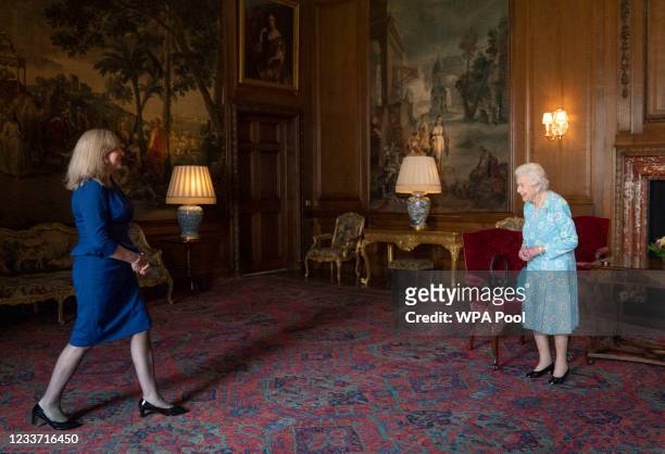 Queen Elizabeth II receives Presiding Officer of the Scottish Parliament Alison Johnstone during an audience at the Palace of Holyroodhouse on June...