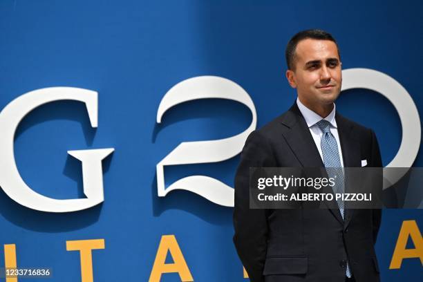 Italian Foreign minister Luigi di Maio stands in front of the G20 logo prior to a G20 joint session Foreign and Development Ministers Meeting at...