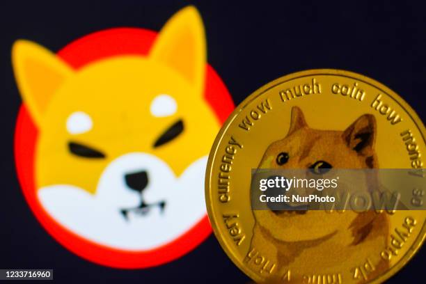 Representation of Dogecoin cryptocurrency is seen with Shiba Inu cryptocurrency logo displayed on a screen in the background in this illustration...