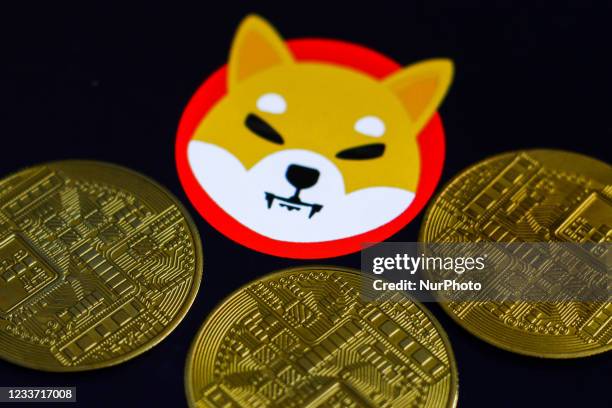 Shiba Inu cryptocurrency logo displayed on a screen and representation of cryptocurrencies are seen in this illustration photo taken in Krakow,...