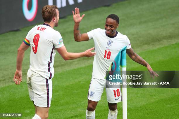 Harry Kane of England celebrates with Raheem Sterling after scoring a goal to make it 2-0 during the UEFA Euro 2020 Championship Round of 16 match...