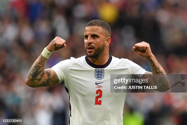 England's defender Kyle Walker celebrates after their win in the UEFA EURO 2020 round of 16 football match between England and Germany at Wembley...