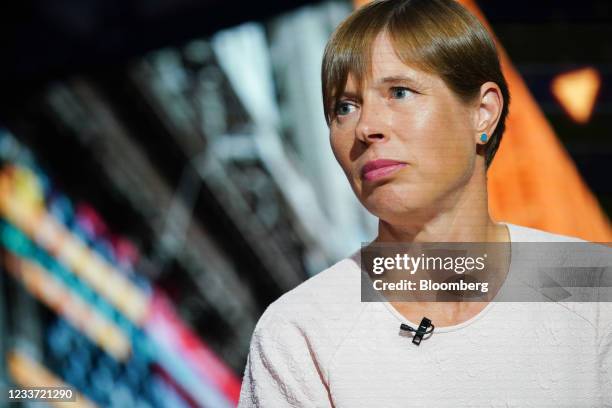 Kersti Kaljulaid, Estonia's president, listens during a Bloomberg Television interview in New York, U.S., on Tuesday, June 29, 2021. Kaljulaid became...