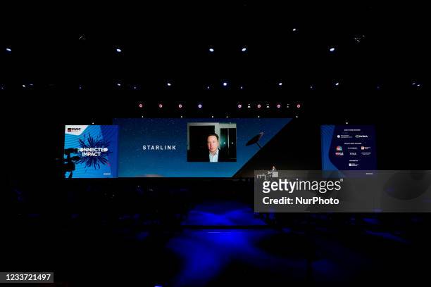 Elon Musk, the Chief Engineer of SpaceX, speaking about the Starlink project at MWC hybrid Keynote during the second day of Mobile World Congress...