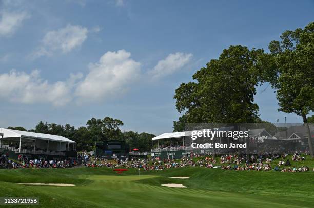 The 18th green is seen during the final round of the Travelers Championship at TPC River Highlands on June 27, 2021 in Cromwell, Connecticut.