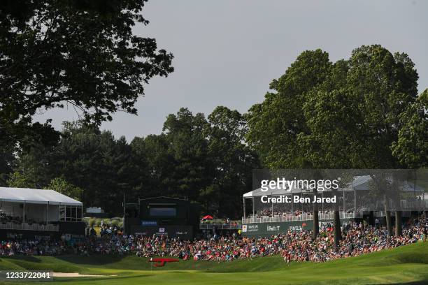 View of the 18th green during the final round of the Travelers Championship at TPC River Highlands on June 27, 2021 in Cromwell, Connecticut.