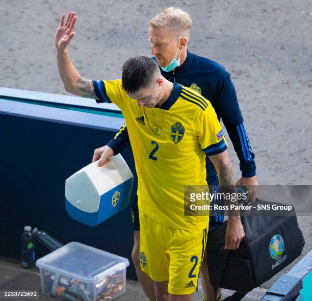 Sweden's Mikael Lustig is replaced during the UEFA Euro 2020 round of 16 match between Sweden and Ukraine at Hampden Park, on June 29 in Glasgow,...