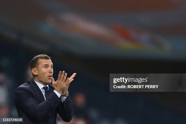 Ukraine's coach Andrey Shevchenko reacts during the UEFA EURO 2020 round of 16 football match between Sweden and Ukraine at Hampden Park in Glasgow...