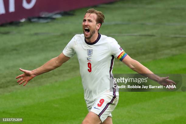 Harry Kane of England celebrates after scoring a goal to make it 2-0 during the UEFA Euro 2020 Championship Round of 16 match between England and...