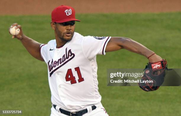 Joe Ross of the Washington Nationals pitches in the fourth inning during a baseball game against the Tampa Bay Rays at Nationals Park on June 29,...