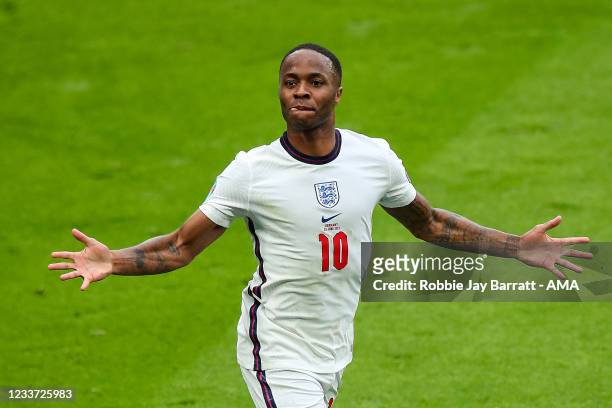 Raheem Sterling of England celebrates after scoring a goal to make it 1-0 during the UEFA Euro 2020 Championship Round of 16 match between England...