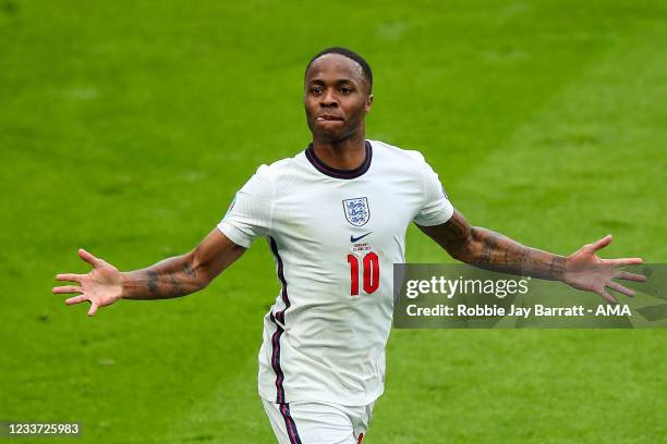 Raheem Sterling of England celebrates after scoring a goal to make it 1-0 during the UEFA Euro 2020 Championship Round of 16 match between England...