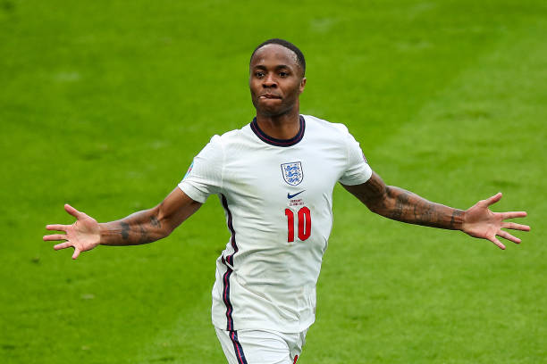 Raheem Sterling of England celebrates after scoring a goal to make it 1-0 during the UEFA Euro 2020 Championship Round of 16 match between England...