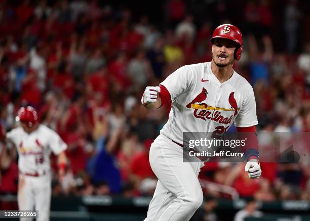 Nolan Arenado of the St. Louis Cardinals celebrates after hitting a two-run home run in the fifth inning against the Arizona Diamondbacks at Busch...