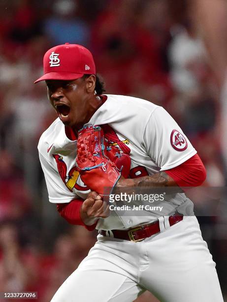 Pitcher Alex Reyes of the St. Louis Cardinals celebrates after getting a double play to end the eighth inning against the Arizona Diamondbacks at...