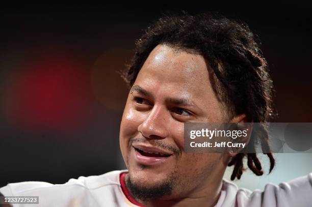 Pitcher Carlos Martinez of the St. Louis Cardinals looks on from the dugout in the sixth inning against the Arizona Diamondbacks at Busch Stadium on...