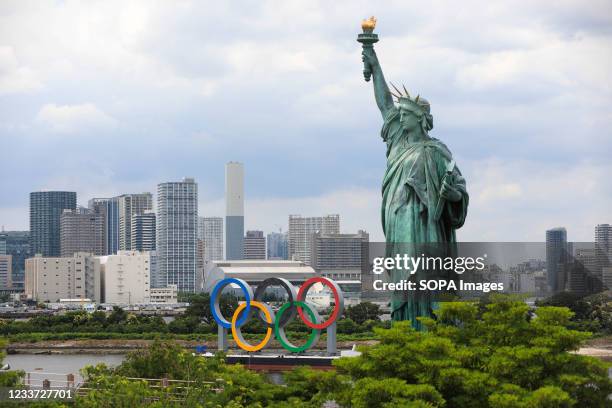 Olympic Rings installation in Odaiba Marine Park in Ariake, Tokyo. 25 Days before the opening ceremony of the Tokyo 2020 Summer Olympic Games many...