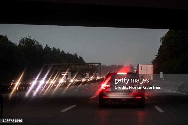 Cars on the highway A99 are pictured during heavy rain near Munich on June 29, 2021 in Munich, Germany.