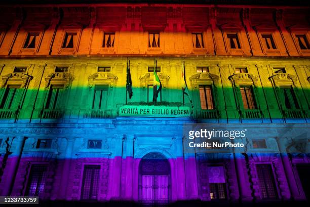 Palazzo Marino lights up with rainbow colors on the occasion of Milan Pride 2021 on June 25, 2021 in Milan, Italy.