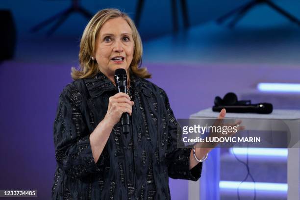Former US Secretary of State Hillary Clinton delivers a speech during the opening session of the Generation Equality Forum, a global gathering for...