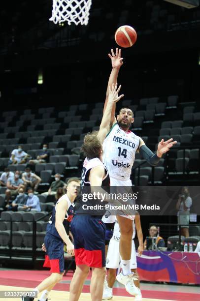 Gustavo Ayón of Mexico goes to the hoop during the 2020 FIBA Men's Olympic Qualifying Tournament game between Mexico and Russia at Spaladium Arena on...