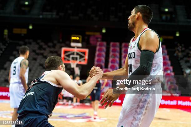 Andrey Vorontsevich of Russia and Gustavo Ayon of Mexicoduring the 2020 FIBA Men's Olympic Qualifying Tournament game between Mexico and Russia at...