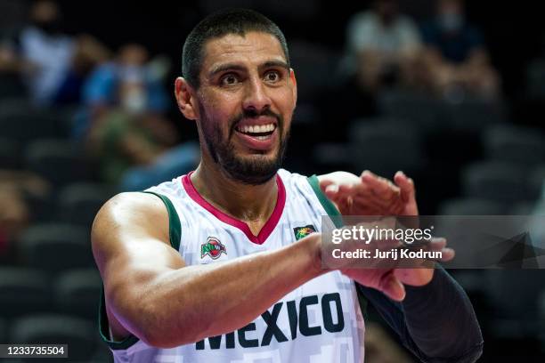 Gustavo Ayon of Mexico reacts during the 2020 FIBA Men's Olympic Qualifying Tournament game between Mexico and Russia at Spaladium Arena on June 30,...