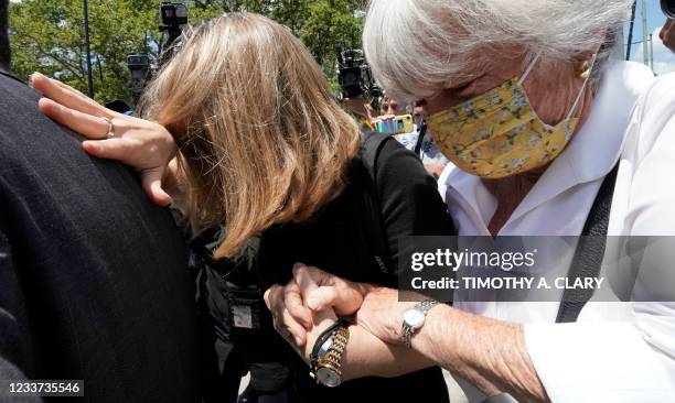 German-born American TV actress Allison Mack leaves Brooklyn Federal Court on June 30, 2021 in New York, after being sentenced for three years, for...