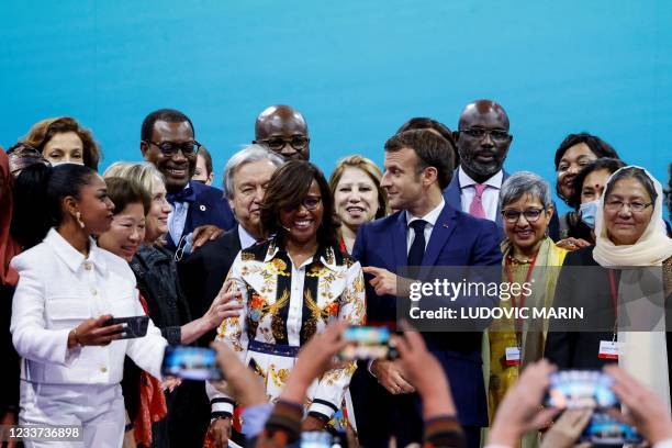 French President Emmanuel Macron , US politician Hillary Clinton , UN general secretary Antonio Guterres and French Junior Minister of Gender...