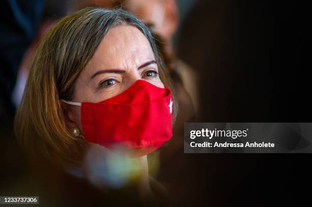 Gleisi Hoffmann, National President of the Workers' Party , attends a press conference at the National Congress on June 30, 2021 in Brasilia, Brazil....