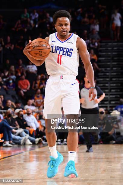 Yogi Ferrell of the LA Clippers dribbles the ball during Game 5 of the Western Conference Finals of the 2021 NBA Playoffs on June 28, 2021 at Phoenix...