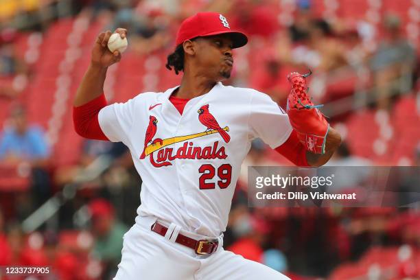 Alex Reyes of the St. Louis Cardinals delivers a pitch against the Arizona Diamondbacks in the ninth inning at Busch Stadium on June 30, 2021 in St...
