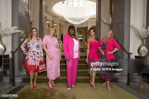 Joy Desmond, Ruth Langsford, Angie Greaves, Lizzie Cundy and Lucy Alexander attend afternoon tea at Corinthia Hotel London in aid of Breast Cancer...