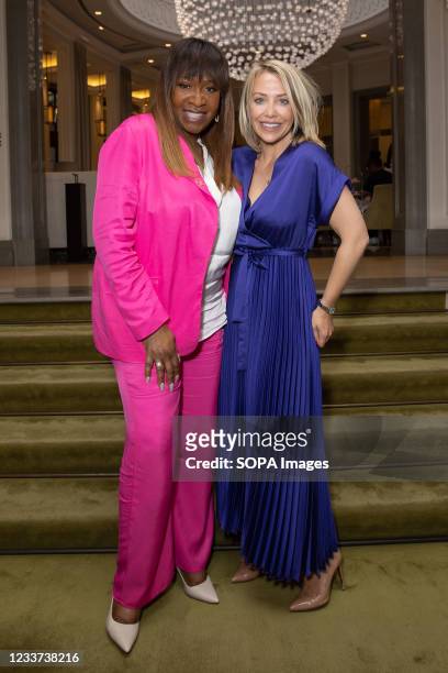 Laura Hamilton and Angie Greaves attend afternoon tea at Corinthia Hotel London in aid of Breast Cancer Now hosted by Angie Greaves and Concorde...